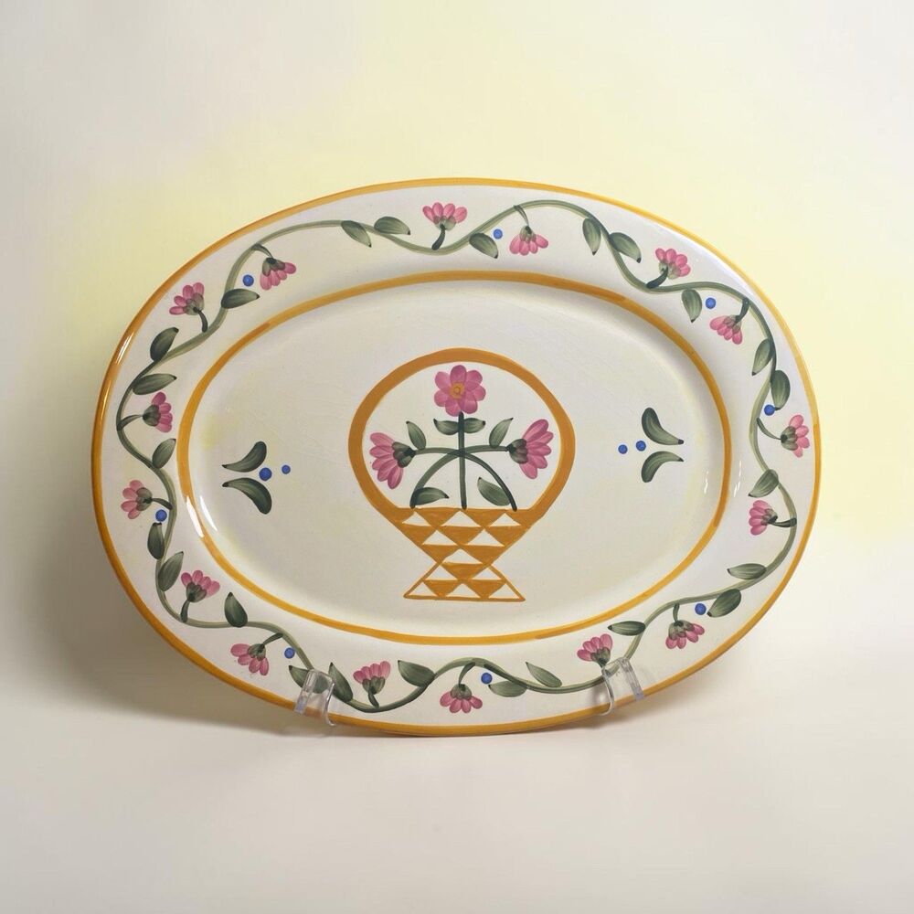 Jim Shore Heartwood Creek 15.25” Oval Platter Flower Basket Floral Enesco 2002
